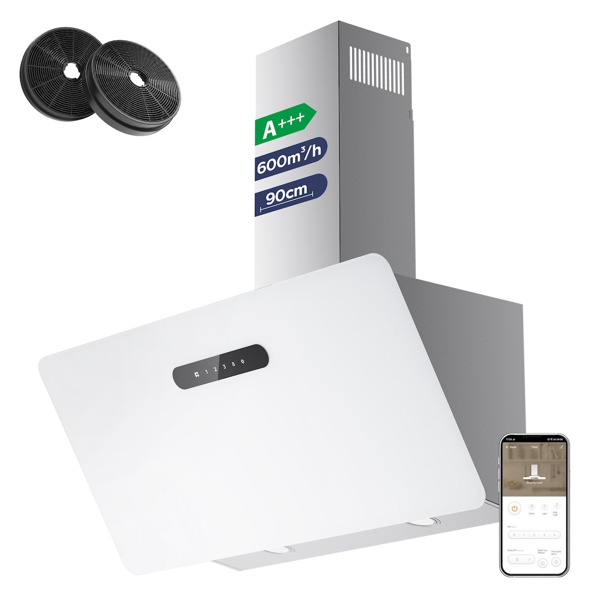 CIARRA Kopffreihaube A+++ 650m3/h Dunstabzugshaube 90 cm WIFI + APP & Touchsensor-Sensortasten Booster VM9736KW