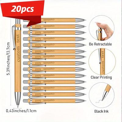 TEMU 20-pack Bamboo Ballpoint Pens, Engraved Personalized Retractable Wood Pens, Medium Point, Round Body, Rustic Wedding Party Favors And Guestbook Supplies Image