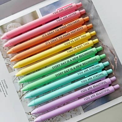 TEMU 12pcs Pastel Motivational Inspirational Encouraging Pen Set - Retractable Happy Positive Pens, Black Ink, , Rubber Finished Ball Pens - Colorful & Cute Pens For Journaling, Writing Supplies Image
