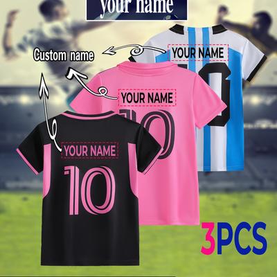 TEMU 3pcs Mesi Quick-dry Customizable Name Long Sleeve T-shirts - Sporty Print, 92% Polyester/8% Spandex, For Team Sports, Soccer, Outdoor Activities, Soccer Shirts For Girls, Outdoor Image