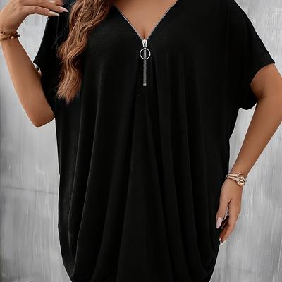 TEMU Plus Size Elegant Classic Loose Zipper Solid Color Top, Summer Women's Wear Image