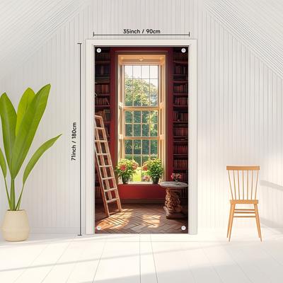 TEMU 2d Flat - 1pc Festive 2d Flat Printed Study Library Door Cover - , No Power Needed, Polyester, For Entrance, , Or Image