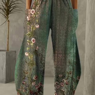 TEMU Women's Elegant Floral Print Wide Leg Pants With Elastic Waist - Lightweight Polyester, With Pink And White Flowers, Spring/summer, Casual Summer Pants | Flowing Fashion | Polyester Image