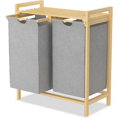 TEMU 2x36l Laundry Basket Made Of Oxford Fabric 2 Compartments Removable Laundry Collector With Shelf & Bamboo Frame Laundry Bag Pull-out Laundry Sorter Efficient Laundry Storage For Laundry Room Image