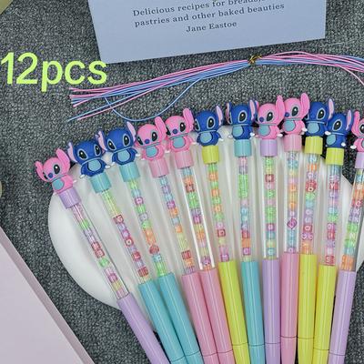 TEMU 12pcs Stitch Black 0.5mm Gel Pens, With Alphabet Bead Bracelet, Are Versatile, For Party Gifts Image