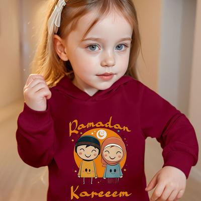 TEMU Kids' Ramadan Kareem Hoodie - Cute Cartoon Middle & Letter Print Long Sleeve Pullover, Casual Polyester Knit With Loose Fit For Spring/fall Image