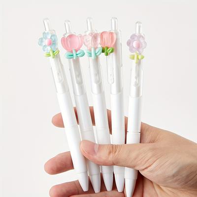 TEMU 5pcs Floral Retractable Gel Pens, Quick- Ink, Fine Point 0.5mm - Smooth Writing For Journaling & Drawing, For Return School Image