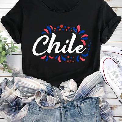TEMU Chile Print T-shirt, Casual Crew Neck Short Sleeve Summer T-shirt, Women's Clothing For Image