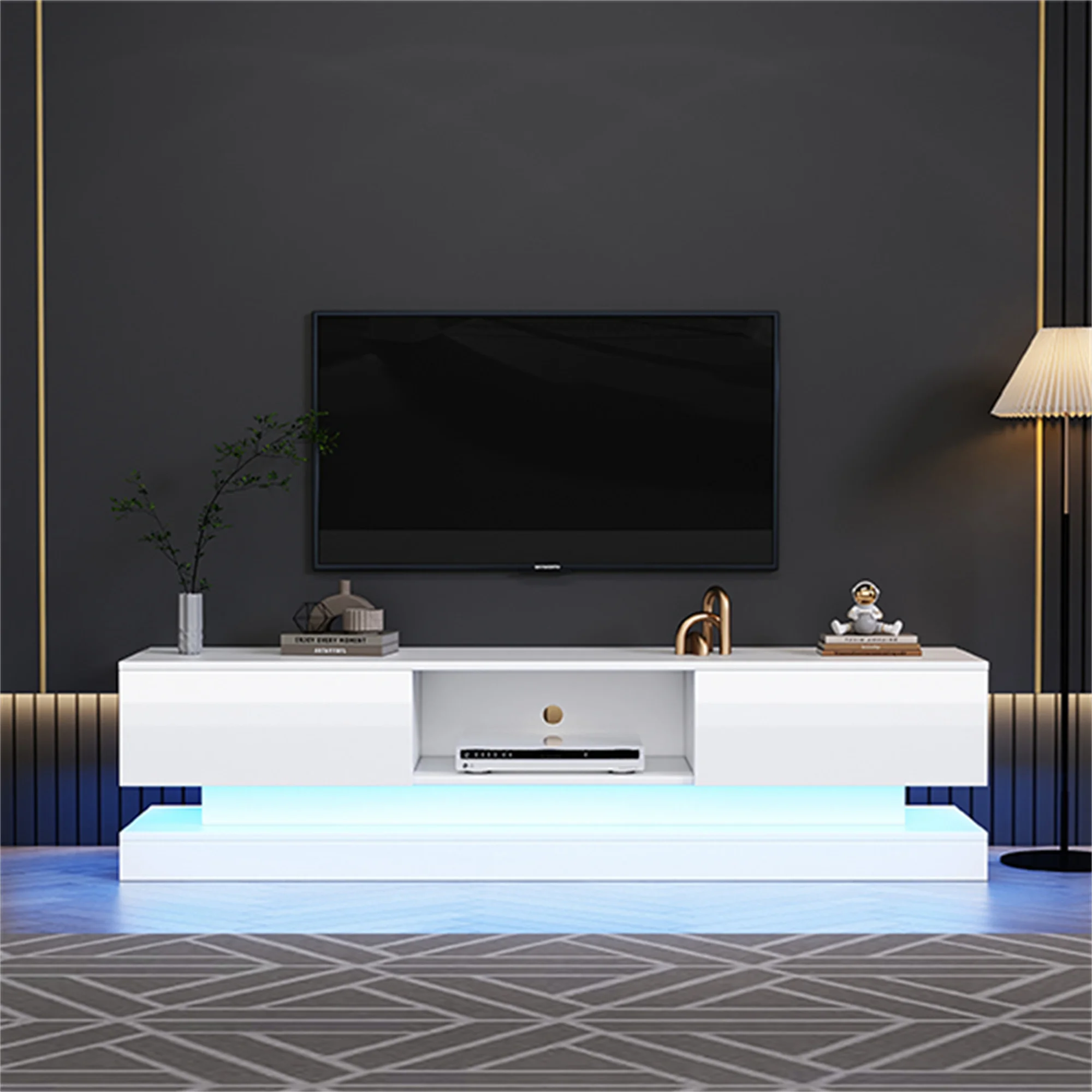 Meuble TV, meuble bas TV, finition brillante, 2 tiroirs, longueur 160 cm, table TV, armoires de salon avec éclairage LED, meubles TV pour