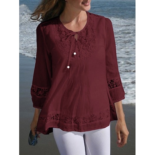 Damen Baumwoll-Leinen-Hemden Spitze Patchwork Einfarbig Stilvoll Lässig Dreiviertelarm V Ausschnitt Normale Oberteile Täglich Schwarz Weiß Wein Marineblau Sommer Frühling Image