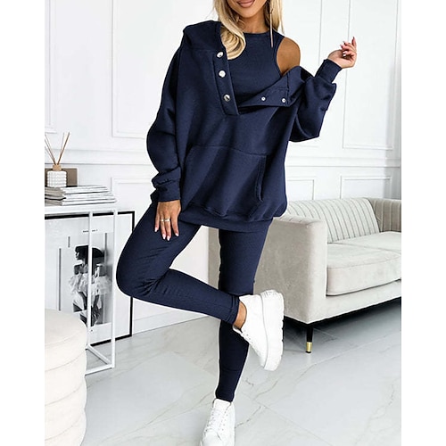 Damen Trainingsanzug Sport Leggings 3 Teile Reißverschlusstasche Einfarbig Kombination Herbst Dunkelgrau Dunkelmarine Training Athlässigkeit Laufen Thermowarm Winddicht Langarm Sport Sportkleidung Image