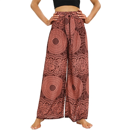 Damen Weites Bein Hosen Hose Lässig Boho Volle Länge Hohe Taille Druck Tasche Elastisches Kordelzugdesign Atmungsaktivität Weich Mikroelastisch Urlaub Straße Alltagskleidung Rote Grün Sommer Frühling Image