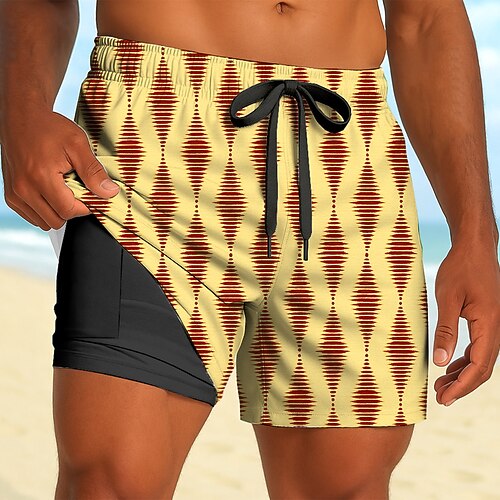 Herren Geometrisch Gefütterte Shorts 2 in 1 Badeshorts Badeshorts Mittlere Taille Hawaiianisch Ferien Seitentaschen Mit Kompressionsfutter Elastischer Kordelzug in der Taille Designer Bekleidung Image