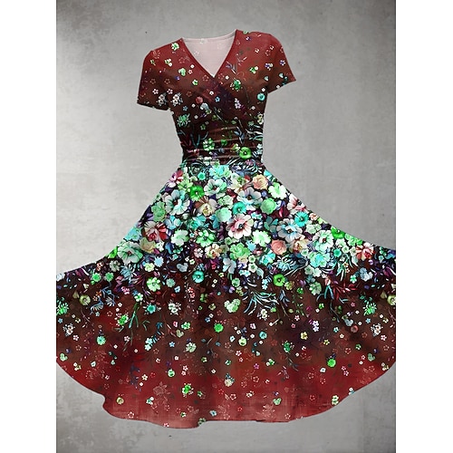 Damen Midikleid Sommerkleid Figurbetontes Kleid Party Lässig Täglich Ferien Normale Passform Blumen Grafik Kurzarm V Ausschnitt Rote Blau Grün Dunkelblau Sommer Image