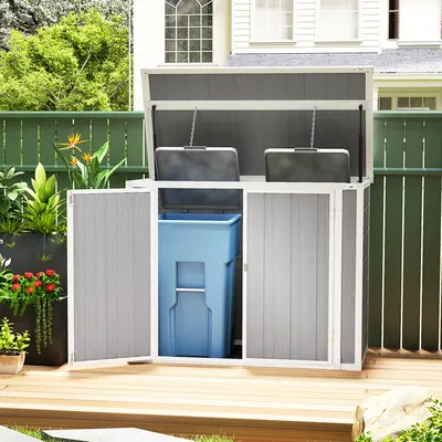Outsunny 4.7 x 2.5FT Garden Shed, Double Bin Storage Shed with Lockable Doors, Openable Lid, Grey