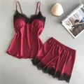 Pigiama da donna Set moda scollo a V in raso elasticizzato Babydoll in pizzo Lingerie sexy Bowknot Camicia da notte Pantaloncini da notte Set indumenti da notte