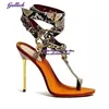 Gullick Sandalen mit vergoldetem Absatz und metallischer Ringschnalle, sexy Schlangenleder-Clip-Toe-High-Heel-Schuhe, Python-Riemchen-Pumps, große Schuhe