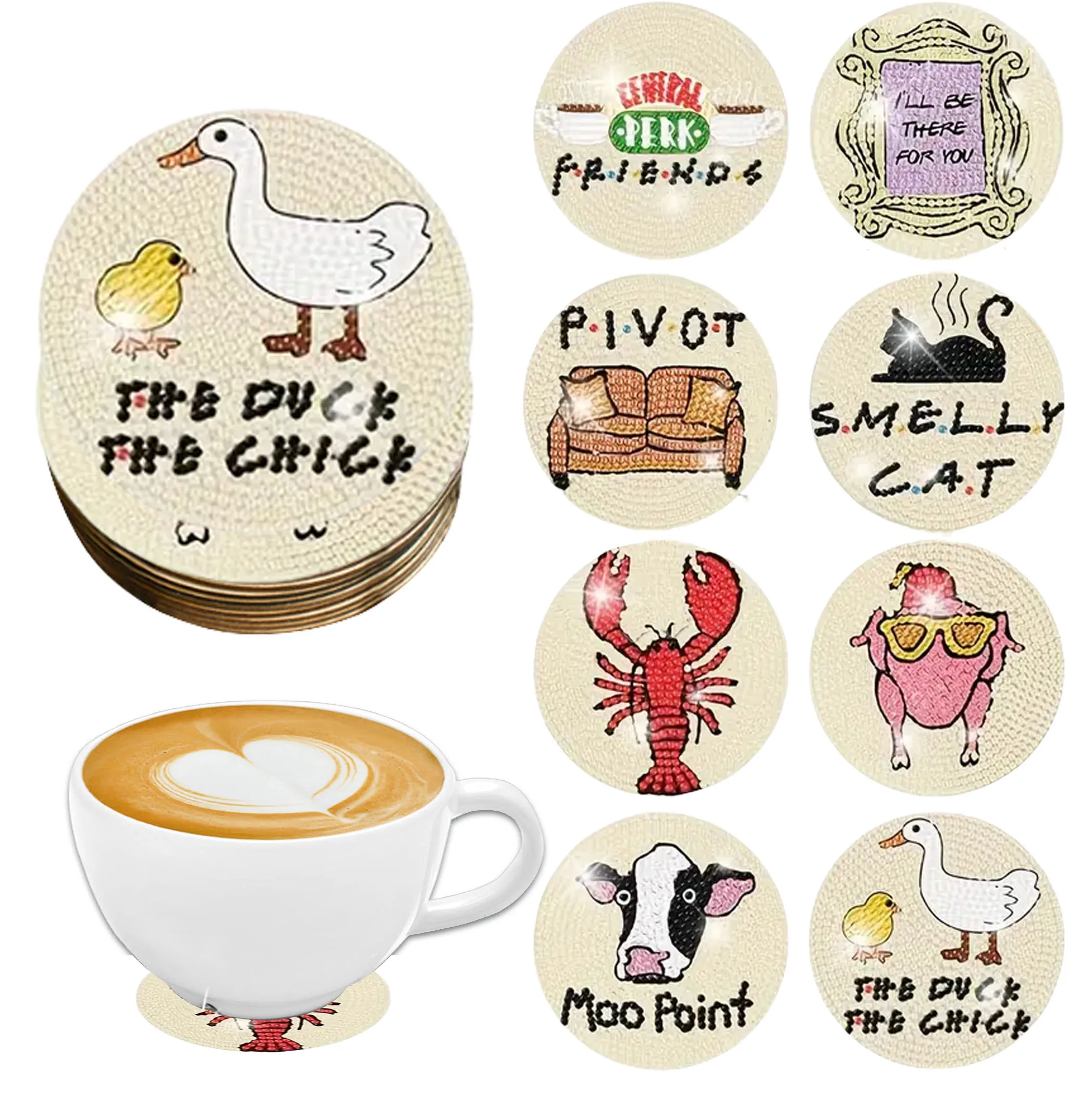 8-teiliger DIY-Tierdruck, Diamant-Kunstmalerei, Untersetzer ohne Getränkehalter, Holzuntersetzer, Wohnzimmer, Büro, Bar, Restaurant Image