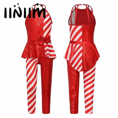 Mädchen Weihnachten Neujahr Party Cosplay Kostüm Overall Streifen Pailletten Candy Cane Kostüm Image