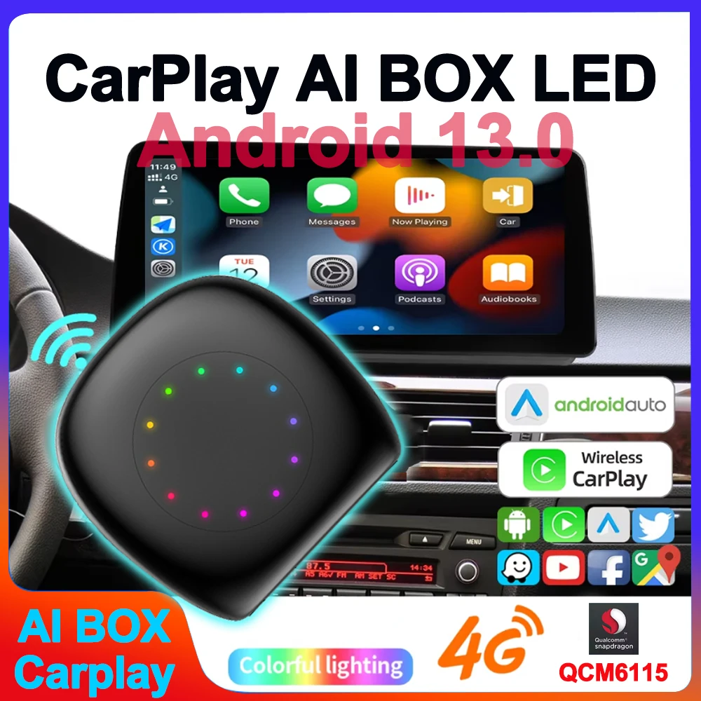 Android 13 CarPlay Ai Box LED Wireless Android Auto CarPlay Auto USB Adapter 64G 128G FOTA Upgrade für YouTube Netflix Image