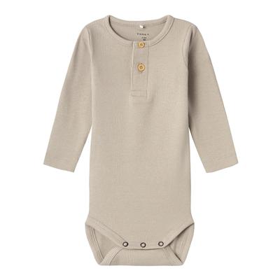 Langarmbody NAME IT "NBMKAB LS BODY NOOS", Baby, Gr. 92, N-Gr, beige (pure cashmere), Jersey, Rippware, Obermaterial: 57% Baumwolle, 38% Modal, 5% Elasthan, unifarben, casual, regular fit, Rundhals, Langarm, Bodies Image