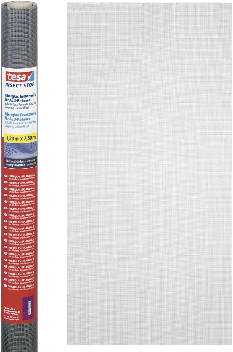 Fliegengitter-Gewebe TESA "Insect Stop Fliegengitter Ersatzrolle Fiberglas-Gewebe - 1.2 m x 2.5 m", schwarz (rahmen: schwarz gewebe: schwarz), B:120cm H:250cm, Insektenschutzgitter, Mückennetz Fenster & Tür - Ersatz-Rolle