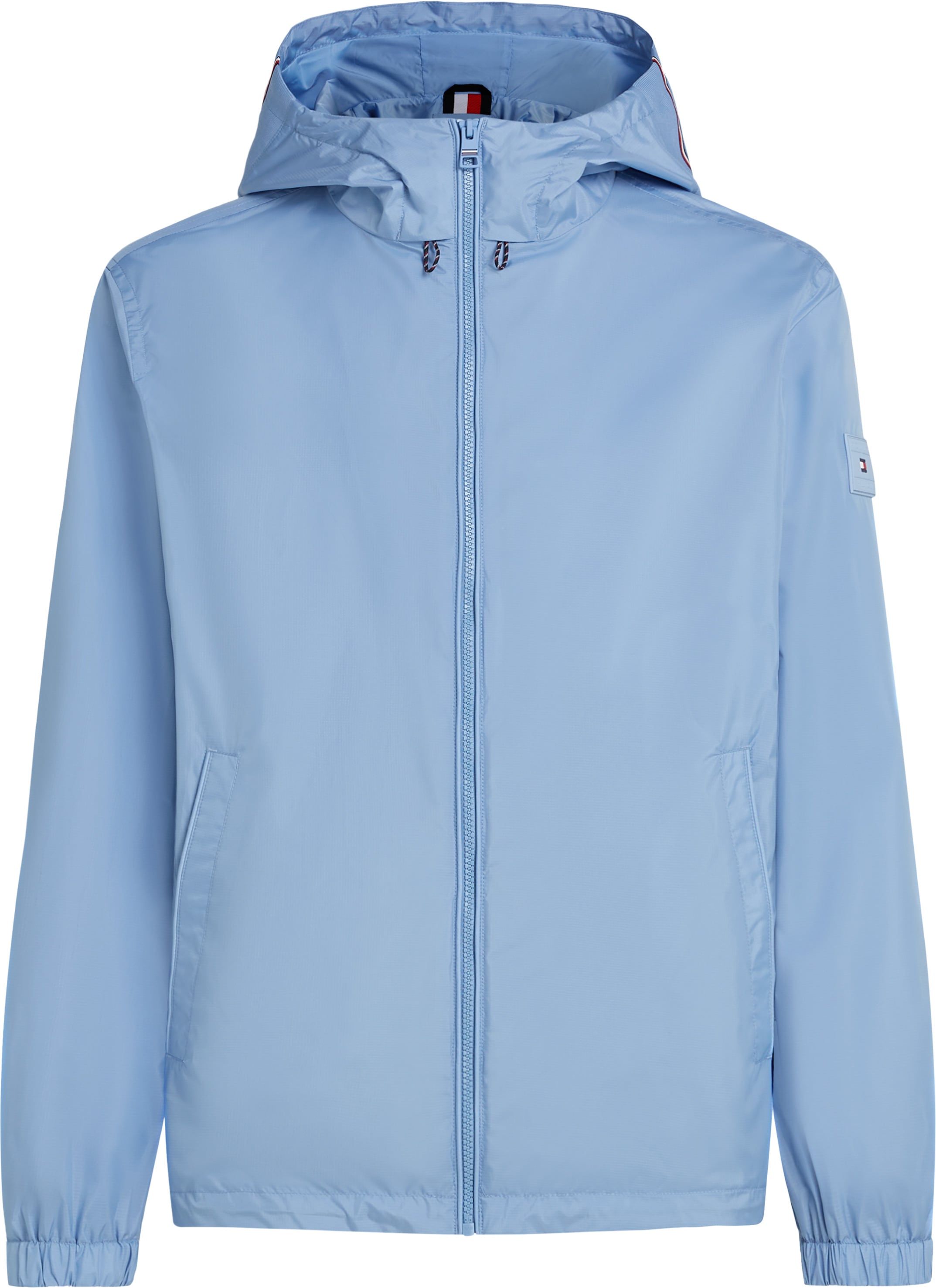 Blouson TOMMY HILFIGER "RWB HOODED JACKET", Herren, Gr. M, blau (cloudy blau), Web, Obermaterial: 100% Polyester, Casual, hüftlang, elastischer Bund, Jacken, Freizeitjacke, Übergangsjacke elastische Bündchen, wasserabweisend