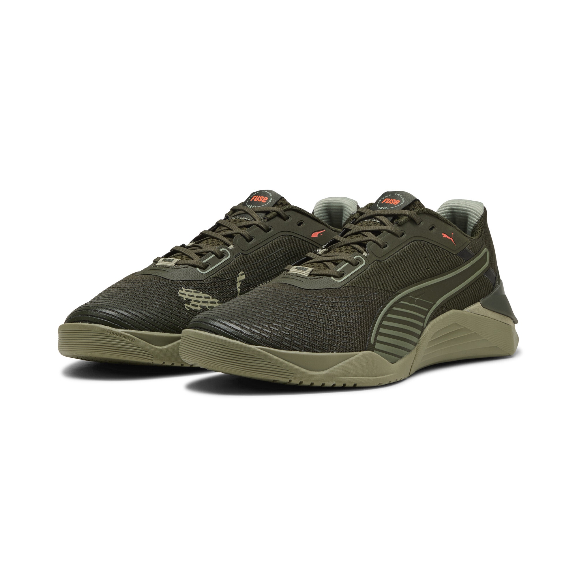 Trainingsschuh PUMA "Fuse 4.0 Sneakers Erwachsene", Damen, Gr. 46, grün (olive grün lux army glowing rot), Obermaterial: Textil, Synthetik; Futter: Textil; Innensohle: Textil; Laufsohle: Gummi, Schuhe