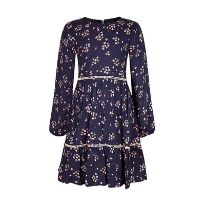 Sommerkleid HAPPY GIRLS, Mädchen, Gr. 140, N-Gr, blau (navy), Web, Obermaterial: 100% Viskose. Futter: 100% Baumwolle, bedruckt, geblümt, casual, regular fit ca. Mitte Wade, Rundhals, Langarm, Kleider, im wunderschönen Blüten-Allover und mit... Image