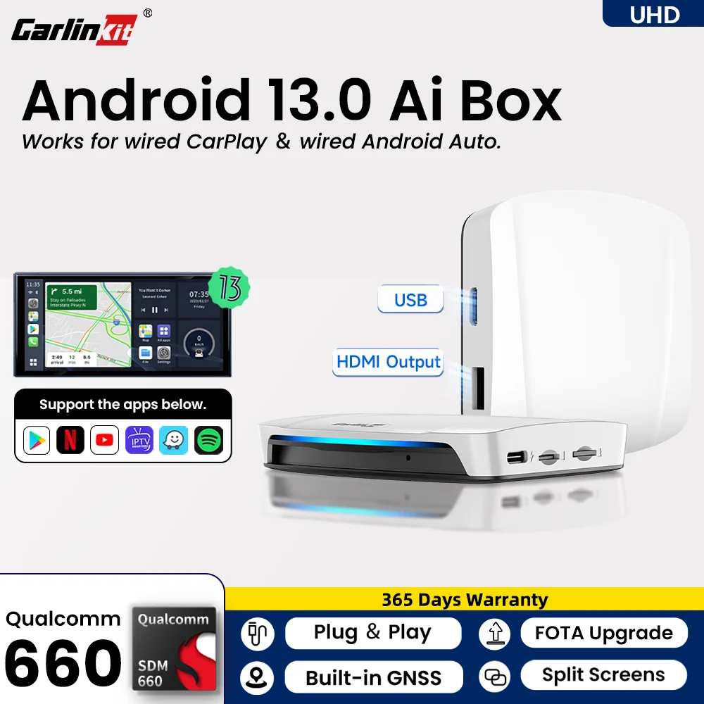 Carlinkit UHD SDM660 Android 13 Ai Box CarPlay Android Auto Wireless HDMI Output Support Netflix YouTube IPTV HBO Max Spotify