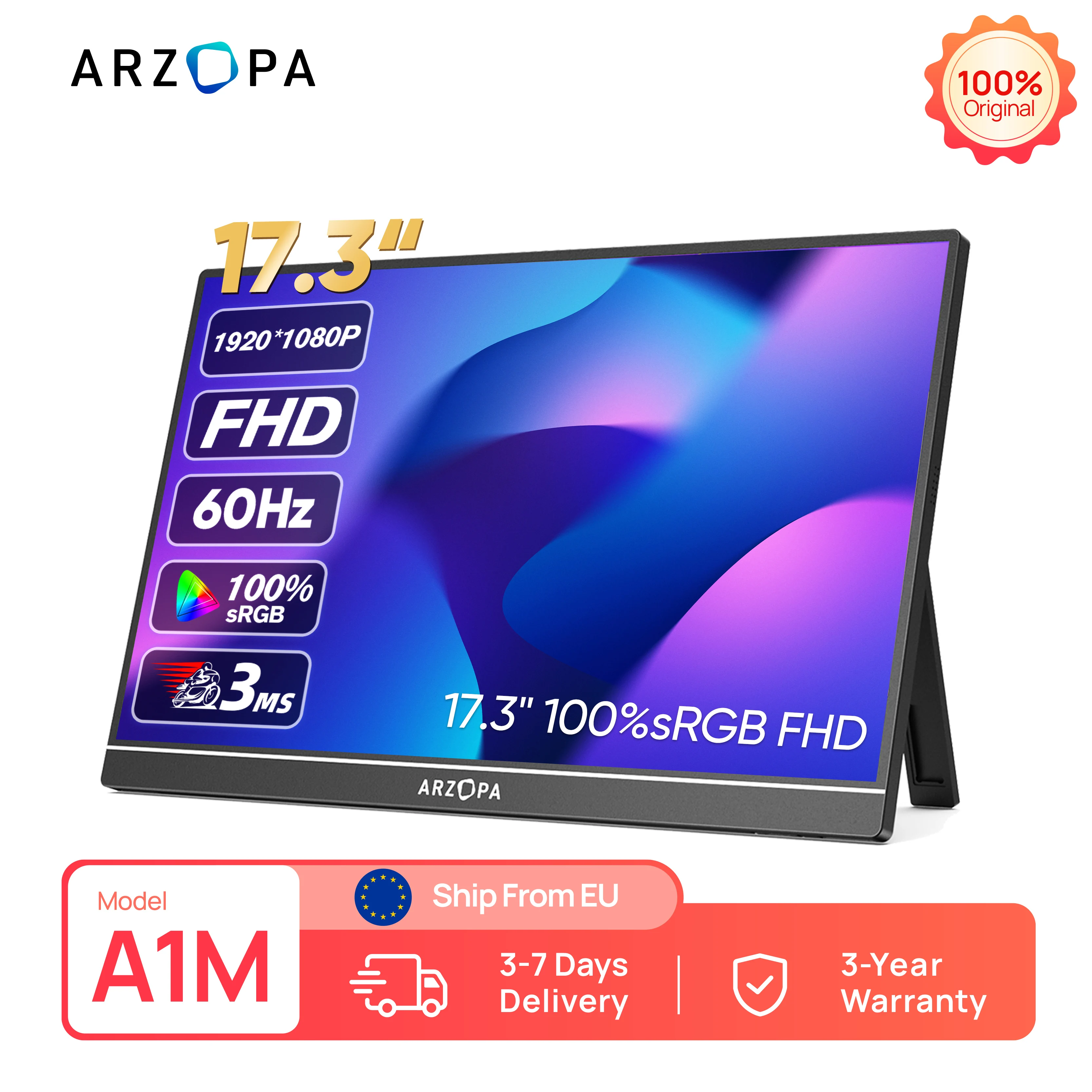 ARZOPA 17,3''1080P IPS Tragbarer Gaming-Monitor HDMI USB Externer Laptop-Bildschirmständer für PC/Mac/Telefon/Xbox/Switch/PS Image