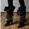 Gold nieten Baggy kniehohe Stiefel Frauen Mode Punk Round Toe Nachtclub hochhackige Schuhe Dame sexy