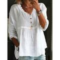 Per donna Camicie di cotone e lino Tinta unica Essenziale Casual Manica 3/4 Scollo a V Top Regolari Quotidiano Pizzo Patchwork Bianco Rosa Azzurro cielo Estate