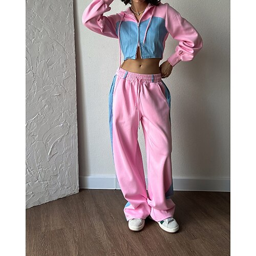 Per donna Tuta da Ginnastica Pantaloni da Tuta Giacca con cappuccio Pizzo Tasca con cerniera Blocco di colori Completo Abbigliamento Autunno Bianco Rosa Palestra Athleisure Corsa Calore Termico