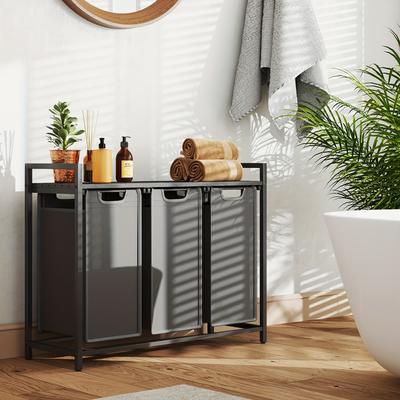 TEMU Laundry Basket, 3-compartment Laundry Hamper, Pull-out And Removable Laundry Bags, Laundry Sorter, Shelf, Metal Frame, 3 X 38l, 92.5 X 33 X 72 Cm, Laundry Baskets Image