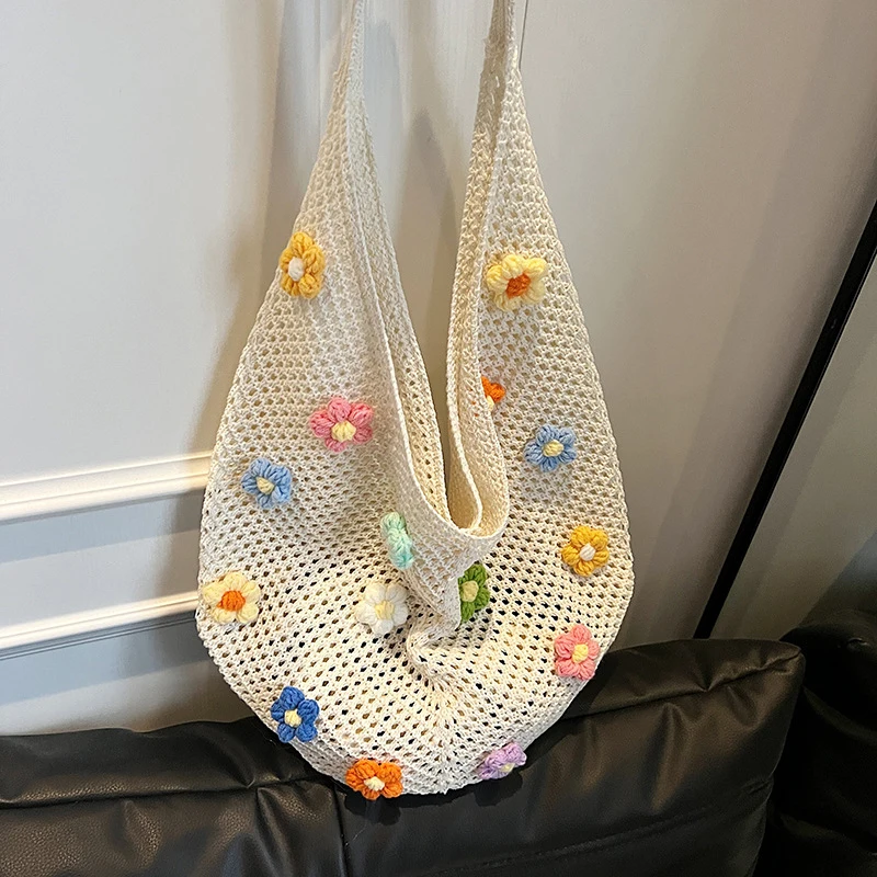 Damen-Handtasche mit großem Fassungsvermögen, gestrickt, hohl, Sommer, einfarbig, ästhetische Hobo-Tasche für den täglichen Gebrauch, Damen Image