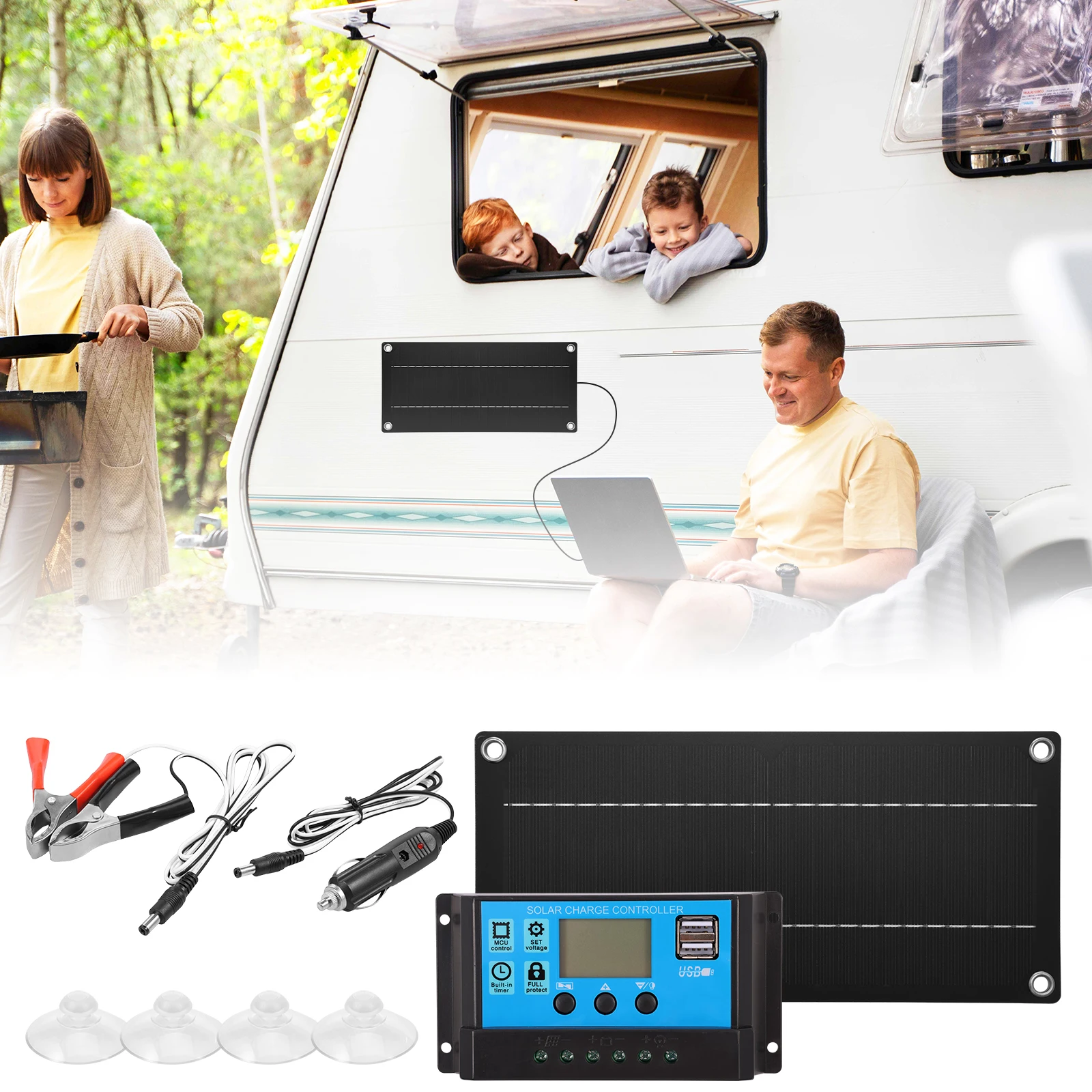 600 W Solarpanel-Set, monokristallines Silizium-Solarbatterieladegerät mit 100 A-Controller und Batterieclip für Wohnmobile, Outdoor-Camping Image