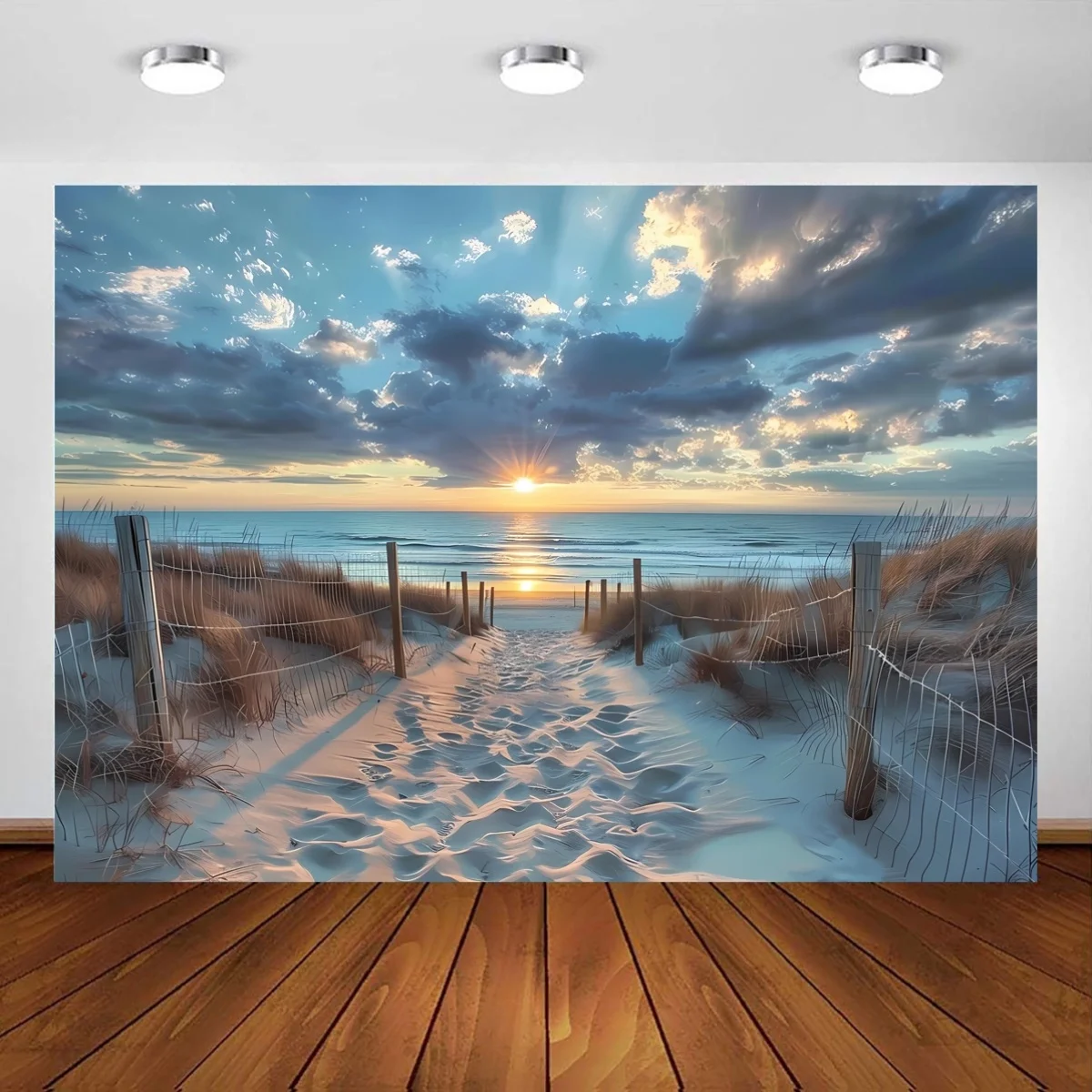 1 Strand-Sonnenaufgang-Sonnenuntergang-Wandteppich. Lebendige Strand-Wandkunst mit Sandküste und zerkleinernden Wellen für Wohnzimmer, Schlafzimmer, Büro, Dekoration Image