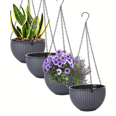 TEMU 4pcs Bohemian Striped Plastic Hanging Flower Pots, Double Chamber Design With Drainage Holes And Chain Hooks - Windproof Indoor/outdoor Planters Suitable For Balcony, Patio, Garden Decor Image
