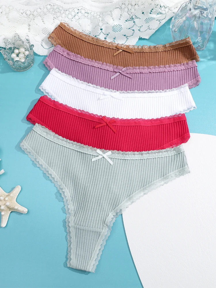 5 stücke Baumwolle Spitze Thongs Sexy Gestreiften Unterwäsche Frauen Atmungs Einfarbig Höschen Weiblichen Niedrigen Taille G-String Stretchy Dessous Image