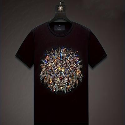 TEMU Luxury Lion Rhinestones Fashion Black White T-shirt High Quality Image