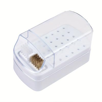 TEMU 2-in-1 Detachable Nail Polish Head Storage Box With 30 Holes - Clear Organizer For Polishing Drills, Includes Cleaning Brush, Ideal For Salon Or Home Use, Nail Art Accessories Image