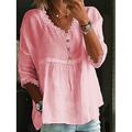 Per donna Camicie di cotone e lino Tinta unica Essenziale Casual Manica 3/4 Scollo a V Top Regolari Quotidiano Pizzo Patchwork Bianco Rosa Azzurro cielo Estate