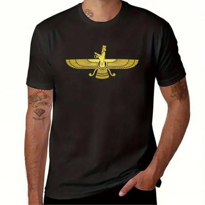 TEMU 1pc Men's Casual Cotton T-shirt With Persian Fara Print - Black, Short Sleeve, Round Neck, Machine Washable, Fit For Casual Attire Image