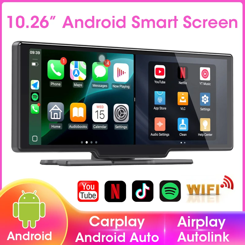 10,26-Zoll-Carplay-Bildschirm für Apple Carplay Android Auto Wireless, tragbarer Multimedia-Video-Player, unterstützt Youtube Netflix Spotify Image