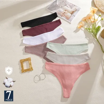 FINETOO 7PCS Baumwolle Slips für Dame Sexy Low-Taille Brasilianische Höschen Weibliche Weiche G-String Unterwäsche T-Back Solide dessous Bikini