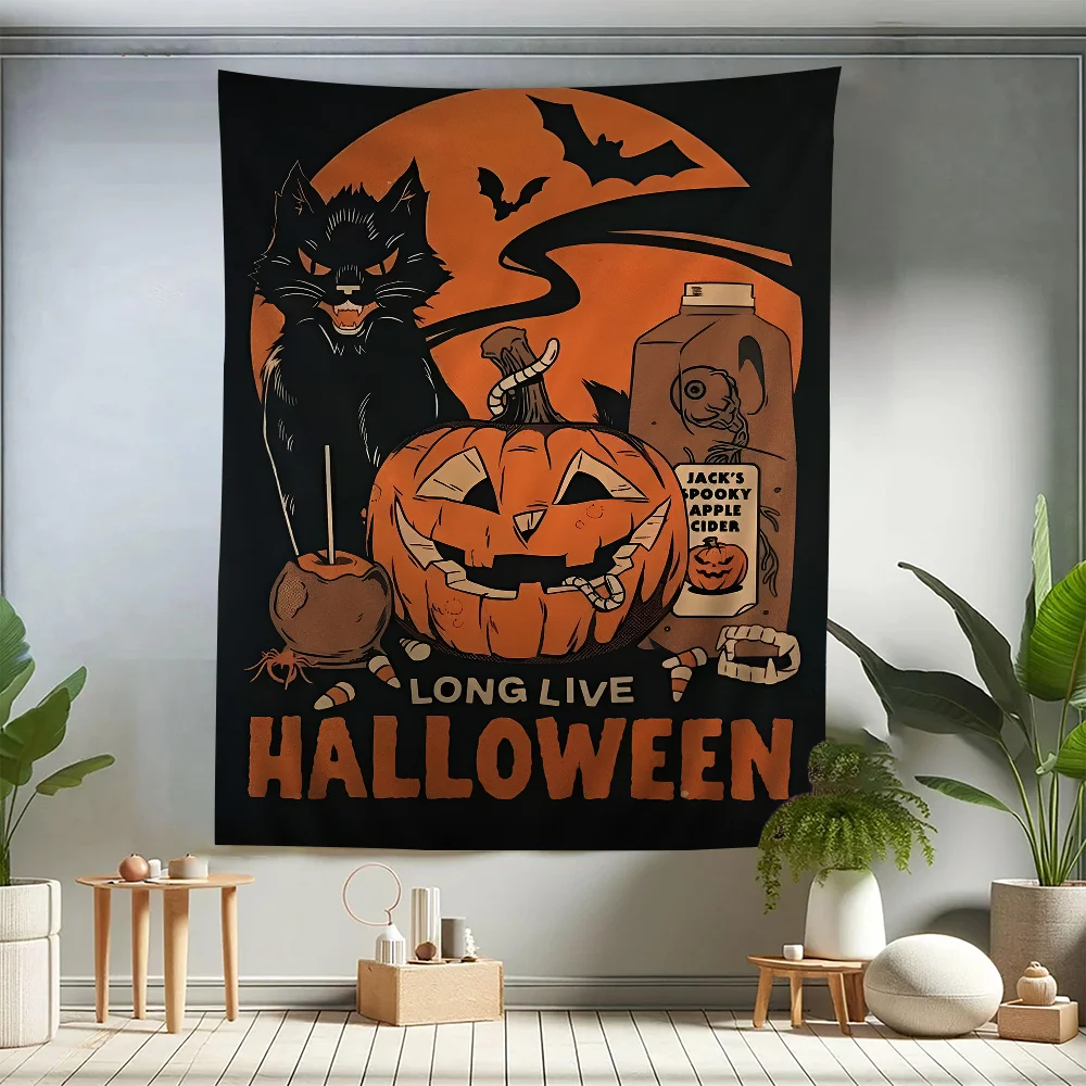 VIKAMA Halloween Fright Wandteppich Orange und Schwarzes Schloss Spooky Bar Magic Black Cat Escape Room Tapete Partydekoration Image
