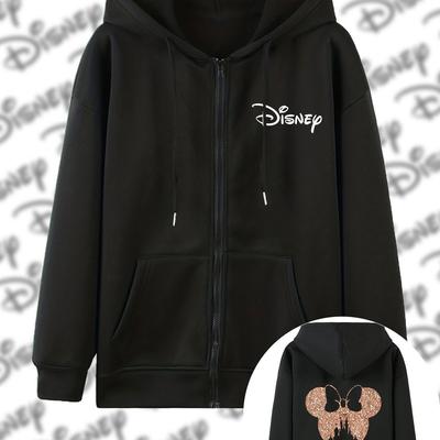 TEMU Women's Cute Print Hoodie - Black Zip-up Casual Sweatshirt With Drawstrings, Fall & Winter, Licensed, Polyester, Hooded Sweatshirt, Cartoon Hoodie Image
