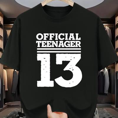 "TEMU Men's Casual "official Teenager 13" Graphic T-shirt - , Round Neck, Short Sleeve, Summer Tee With Distressed Number Print, Casual Summer Wear | |" Image