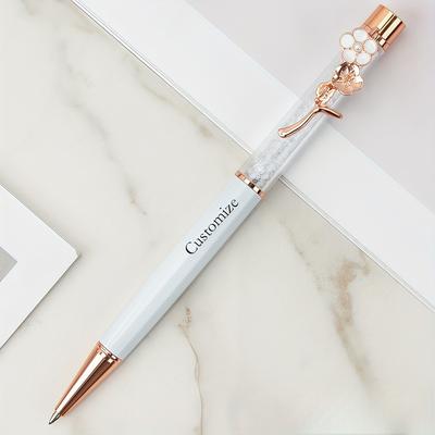 TEMU Custom Engraved Name Flower Clip Ballpoint Pen, Medium Point, Metal Twist Closure, Rhinestone Accents, Personalized Gift For Students And Holidays Image